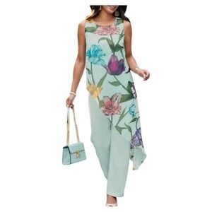 Midnight Velvet Chiffon Popover Pool Blue Floral Summer Cocktail Brunch Jumpsuit